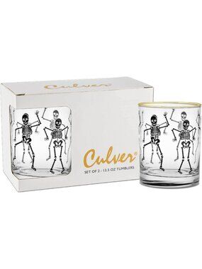Set of 2 Gold Rim Dancing Skeletons Double Old-Fashioned Glasses, 13.5oz Gift